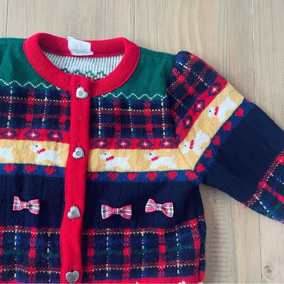 Vintage Cardigan Sweater Baby 24M Navy Red Yellow Heart Buttons Scottie Dogs Bow - Picture 2 of 9